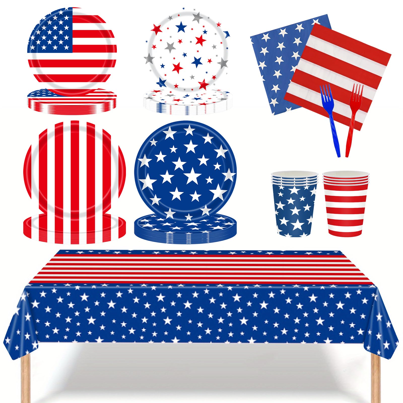 4th of July Decorations Patriotic Decorations Party Supplies Set for 24 Guests, Memorial Day Decorations with Plates, Napkins, Cups, Forks, Tablecloth, Fourth of July Decorations Patriotic Theme Kit