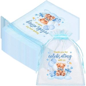 LXKBD 50Pcs Organza Bags for Boy Baby Shower Party Favor 4x6 Inch Blue
