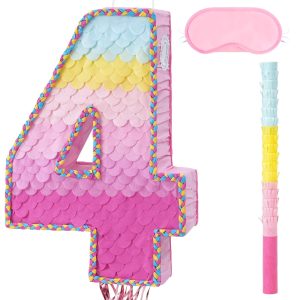 WERNNSAI Pink Number 4 Piñata Party Game for Girl Princess Party Decoration