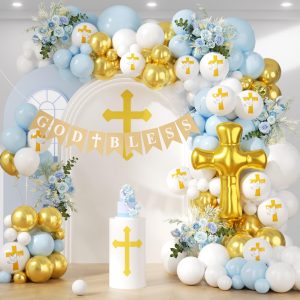 PityBlns First Communion Blue Balloons Arch Kit 160Pcs, Baptism God Bless Balloon Garland Arch Mi Bautizo Christian Decor Cross Balloon for First Holy Communion Baptism Baby Shower Birthday Supplies