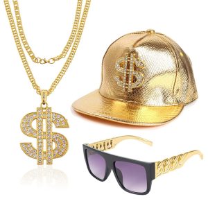 Svovin Hip Hop Costume Kit Gold Rapper Hat Sunglasses Gold Dollar Sign Pendant Necklaces 80s/90s Rapper Accessories