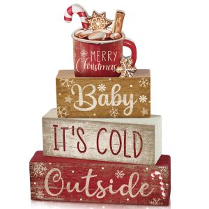 Moucuny 4 Pcs Christmas Table Decorations Indoor, Hot Cocoa Wood Block Sign