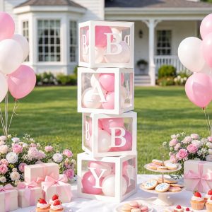 RUBFAC Baby Boxes for Baby Shower Decoration with 8 Letters and 36 Balloons 4pcs Clear Balloon Boxes BABY Blocks for Girls Birthday Party Decorations(Pink)