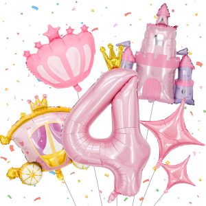 Minyu 6-Piece Princess Theme Party Decoration Set: Princess Carriage + Pink Castle + 40-inch Numbers + Crown Heart + Star Foil Balloons. Birthday Party Girl Decorations. (Number 4)