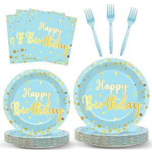CHUNNIN 96PCS Blue Happy Birthday Plates and Napkins Happy Birthday Party Decorations Light Blue and Gold Dessert Plates Tableware for 24 Guests Kids Party Supplies