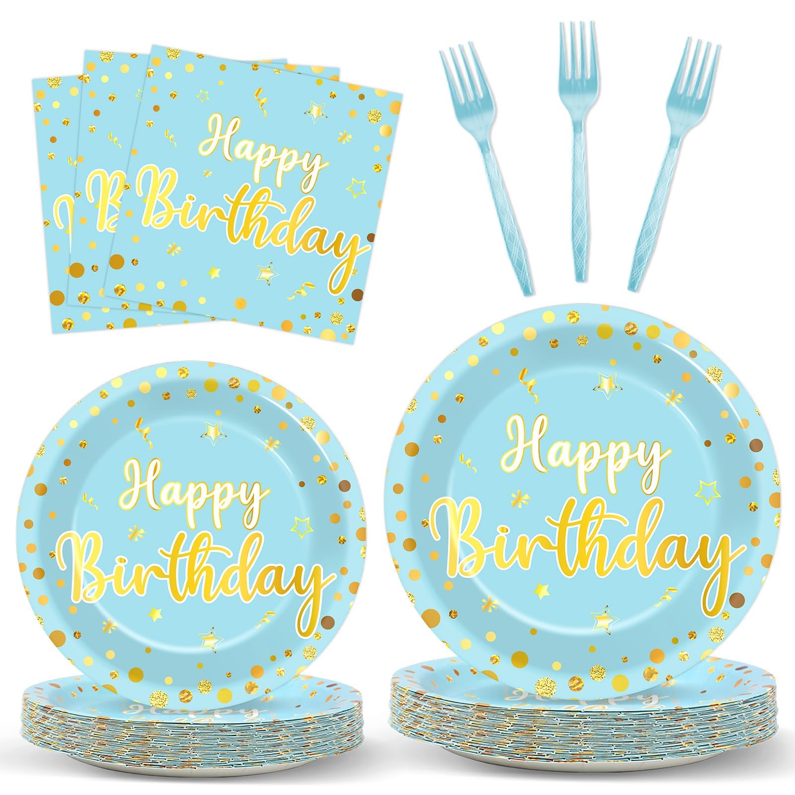 CHUNNIN 96PCS Blue Happy Birthday Plates and Napkins Happy Birthday Party Decorations Light Blue and Gold Dessert Plates Tableware for 24 Guests Kids Party Supplies