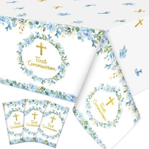 Ganeen 3 Pcs First Communion Tablecloth Disposable Plastic Baptism Table Cloth Christening Table Cover Waterproof for First Communion Decoration Baby Shower Religious Party Supplies, 54 x 108 Inch