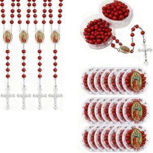 CAYOREPO 48 Pcs Scented Rosary Necklace Set with Gift Box – Wooden Bead Rosary with Crucifix for Women & Men, First Communion, Baptism, Party Favors (Red)