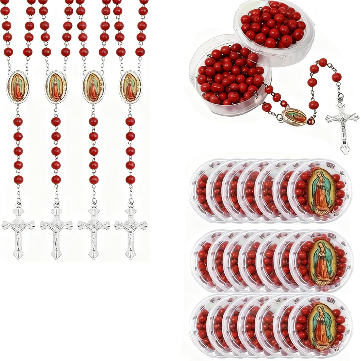 CAYOREPO 48 Pcs Scented Rosary Necklace Set with Gift Box – Wooden Bead Rosary with Crucifix for Women & Men, First Communion, Baptism, Party Favors (Red)