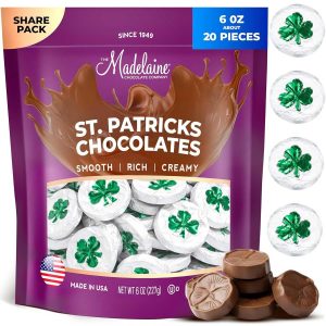Madelaine St. Patrick's Day Milk Chocolate Shamrocks - About 20 Individually Wrapped Chocolate Candy in Matte White Foil with Green Shamrock - St Patricks Day Candy Party Favors & Basket Fillers