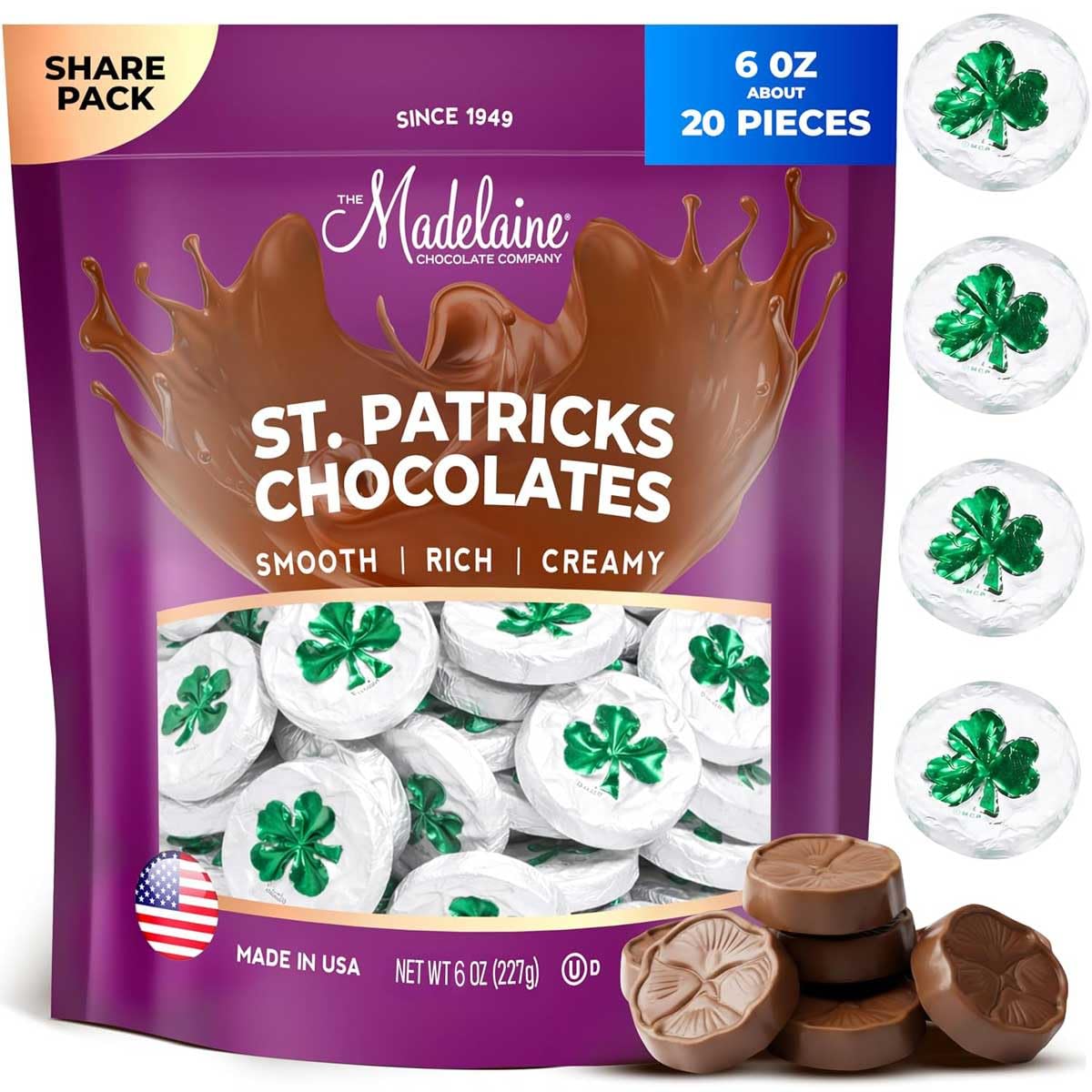 Madelaine St. Patrick's Day Milk Chocolate Shamrocks - About 20 Individually Wrapped Chocolate Candy in Matte White Foil with Green Shamrock - St Patricks Day Candy Party Favors & Basket Fillers