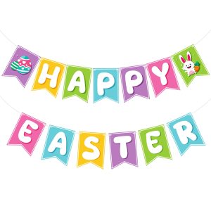 OHOME Easter Decorations - Happy Easter Banner | Bunny Party Decorations for Indoor Outdoor Outside - Bunny Egg Garland for Front Door | Easter Backdrop Wreath for Window Wall - Easter Decor