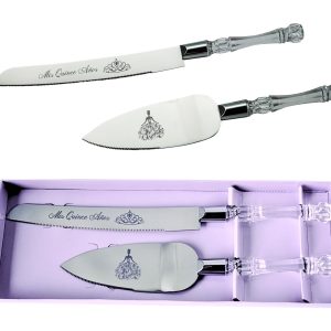 Lassos Boutique Mis Quince Años Quinceanera Cake Serving and Knife Set, Sweet 15 Birthday Cake Cutting Set. Feliz 15 Anos Decoration, Acrylic Handle, Stainless Steel, Silver (Silver)