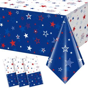 Jectivs 3 Pack Patriotic Tablecloth Decorations for 4th of July Independence Day, Plastic Memorial Day Table Cover Printed with Stars and Fireworks for Patriotic Themed Party Supplies, 54 x 108 Inch
