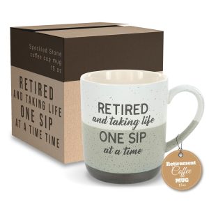 Pavilion Retirement Coffee Mug - "Retired & Taking Life One Sip at a Time" Text Design - Speckled Stoneware Coffee Cup for Retirees, Microwave & Dishwasher Safe, Beige w/ Bronze Metallic Bottom, 15 oz