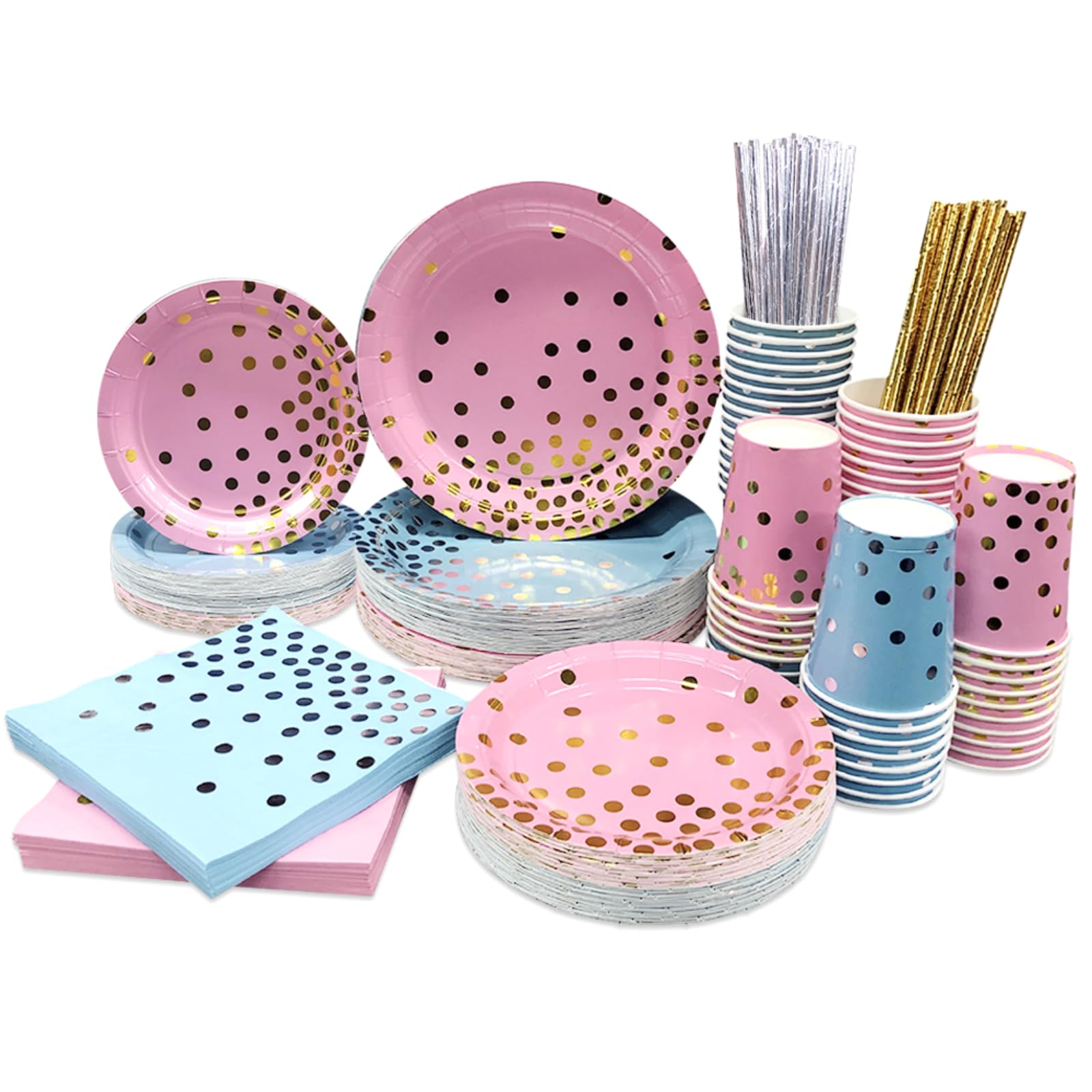 Ottin 250-Piece Pink and Blue Disposable Paper Plates and Napkins Set, 9 Inch Dinner Plates & 7 Inch Dessert Plates, Party Supplies Serve 50 Guests for Baby Shower Gender Reveal Birthday Wedding