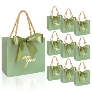 Whaline 50 Pcs Thank You Paper Gift Bags with Bows Sage Green Party Favor Bag with Handles Mini Candy Treat Bags for Wedding Bridal Baby Shower Birthday Party (Assembly Required)