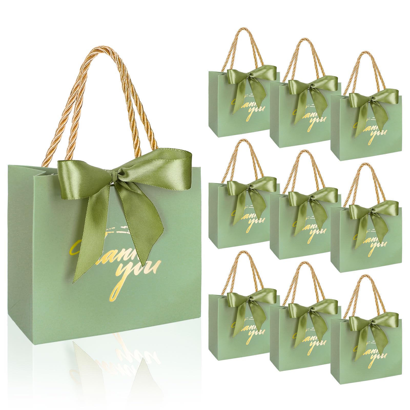 Whaline 50 Pcs Thank You Paper Gift Bags with Bows Sage Green Party Favor Bag with Handles Mini Candy Treat Bags for Wedding Bridal Baby Shower Birthday Party (Assembly Required)