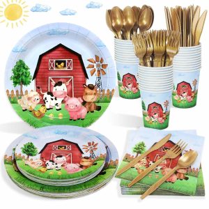 Watercolor Farm Birthday Party Supplies Plates Set for 25 Guests,76 Pieces Paper Plates Napkins Tablecloth for Barnyard Farm Animals Themed Party Decorations