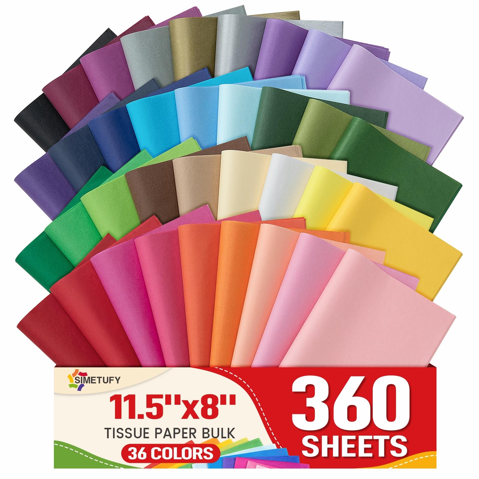 Simetufy 360 Sheets 36 Colors Crafts Tissue Paper for Gift Bags 11.5X8 Inch