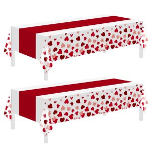 Childom 2 Pcs Valentines Day Tablecloths for Valentines Day Decorations,54" x 108" Disposable Plastic Tablecloths,Rectangle Heart Table Cover for Party Decorations Mothers Day Anniversary Birthday