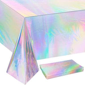 OHOME 4 Pack Iridescence Plastic Tablecloths Disposable Galentines Day Decorations New Years Birthday Disco Bachelorette Bridal Wedding Rainbow Iridescent Party Decorations 54" x 108"