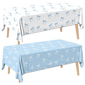 HAKOTI 2Pcs Blue Bow Tablecloth,Coquette Birthday Decorations Bow Theme Plastic Table Cover Blue Bow Rectangle Tablecloth for Girls Women Bachelorette Baby Shower Party Decor