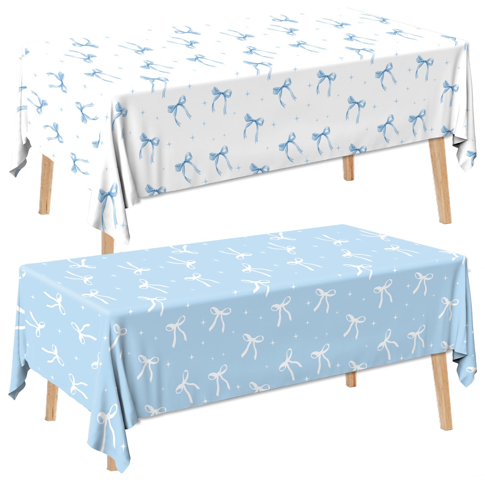 HAKOTI 2Pcs Blue Bow Tablecloth,Coquette Birthday Decorations Bow Theme Plastic Table Cover Blue Bow Rectangle Tablecloth for Girls Women Bachelorette Baby Shower Party Decor