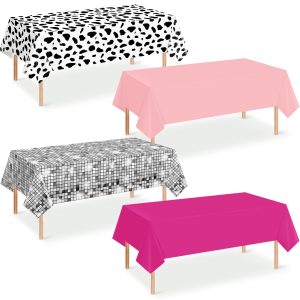4 Pack Disco Cowgirl Tablecloth Party Decorations, Pink Cow Print Disposable Table Cover, Rectangle Table Cloth for Pink Cowgirl Birthday Disco Bachelorette Party Supplies Decorations, 54 x 108 Inch