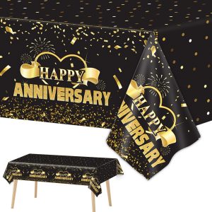Tevxj 3 Pack Happy Anniversary Tablecloth Disposable Anniversary Party Decorations Black Gold Dot Confetti Table Covers Party Supplies for Rectangle Tables Favors for Guests 54 x 108 Inch