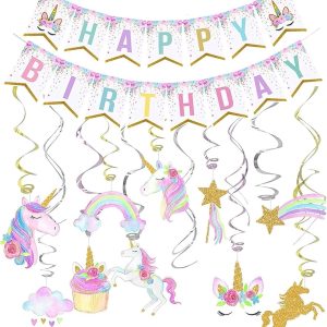Kocici Unicorn Birthday Decorations, Rainbow Unicorn Party Supplies with Banner and Hanging Swirls for Girls Birthday Party
