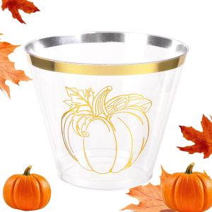 Ciaell 60 PCS Gold Plastic Cups - 9Oz Heavy Duty Plastic Cups - Thanksgiving Disposable Cup - Disposable Clear Wine Cup with Gold Pumpkin for Party & Thanksgiving