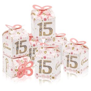 50Pcs 15th Birthday Favor Boxes, Pink Gold Quinceanera Sweet Party Bags