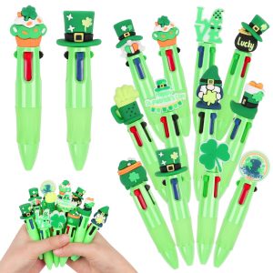 CCINEE 24pcs St Patricks Day Mini Multicolor Pens In One, Green Clover Ballpoint Pens Bulk Cartoon Retractable Party Favor Writing Pen for St Patricks Day School Office Gifts