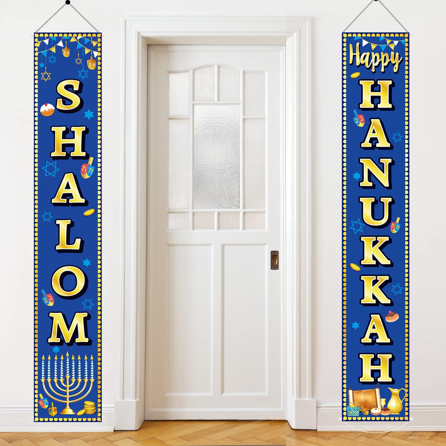 Happy Hanukkah Banner Shalom Hanukkah & Chanukah Decorations Porch Hanging Blue Welcome Sign for Home Holiday Party Outdoor Decor