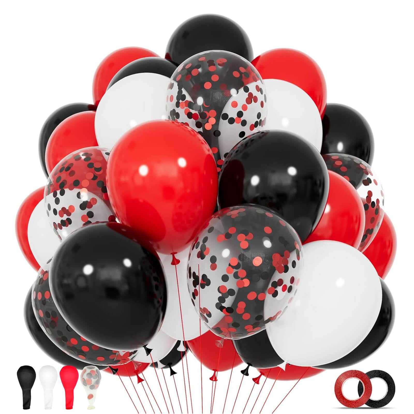 KUULBELA 68Pcs Red Black White Latex Balloons 12 Inch with Black Red Confetti Balloons for Birthday, Wedding, Baby Shower, Graduation Poker Card Party.
