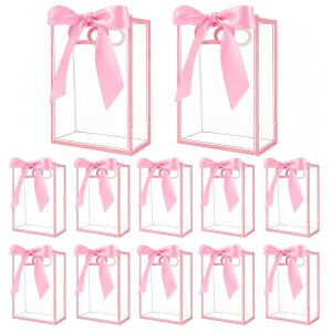 GicCheShark 12 Pcs Clear Plastic Gift Bags With Handles Reusable PP Favor Bag With Ribbons For Valentine'S Day Wedding Bridal Shower Birthday Graduation Shopping Business, 7.09x10.24x3.15 Inch (Pink)