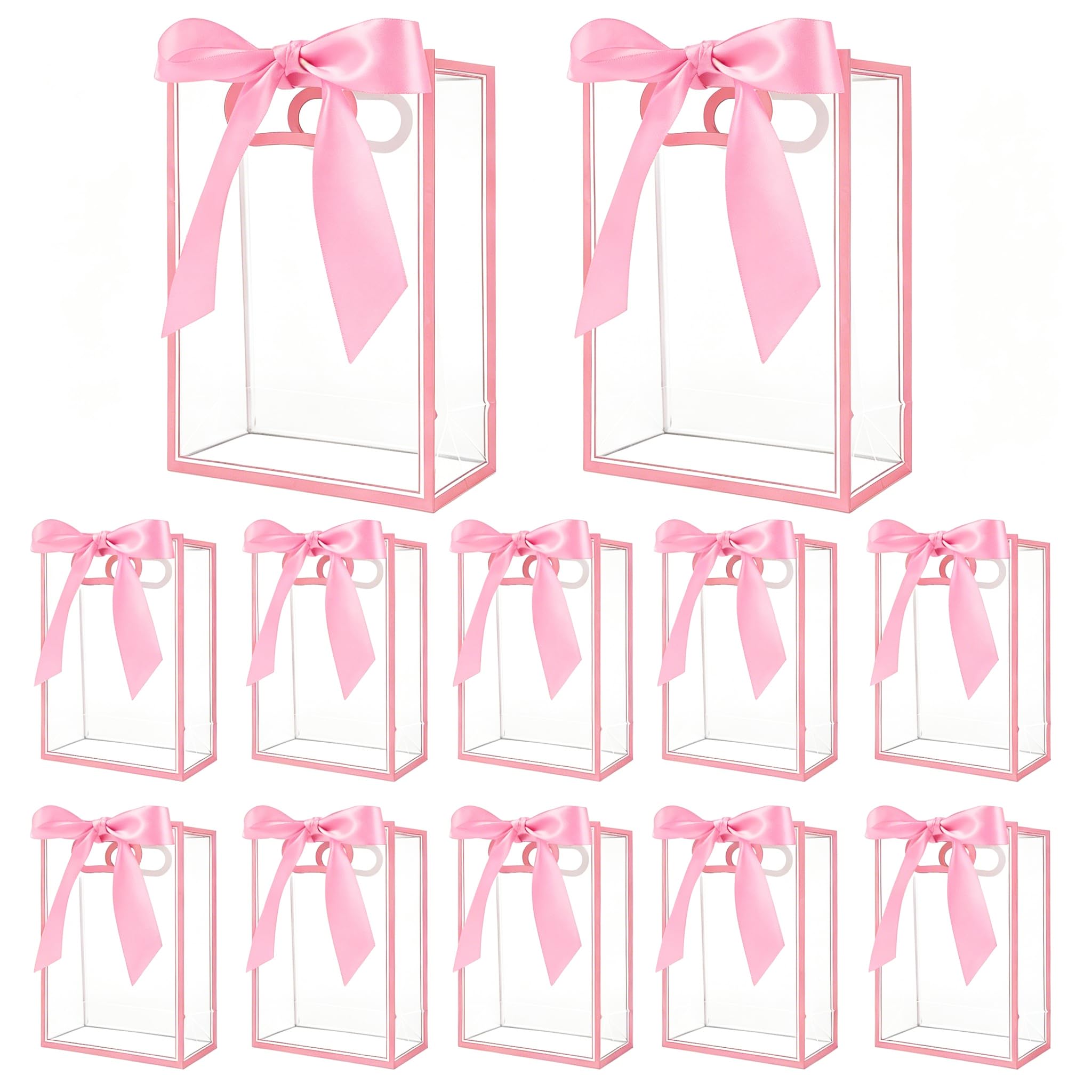 GicCheShark 12 Pcs Clear Plastic Gift Bags With Handles Reusable PP Favor Bag With Ribbons For Valentine'S Day Wedding Bridal Shower Birthday Graduation Shopping Business, 7.09x10.24x3.15 Inch (Pink)