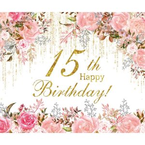 Pnylzzyxh 15th Birthday Backdrop Banner Happy 15th Birthday Decorations Girl 10x8ft Quinceanera Backdrop Watercolor Floral Photography Background Cake Table Supplies Photo Studio Props