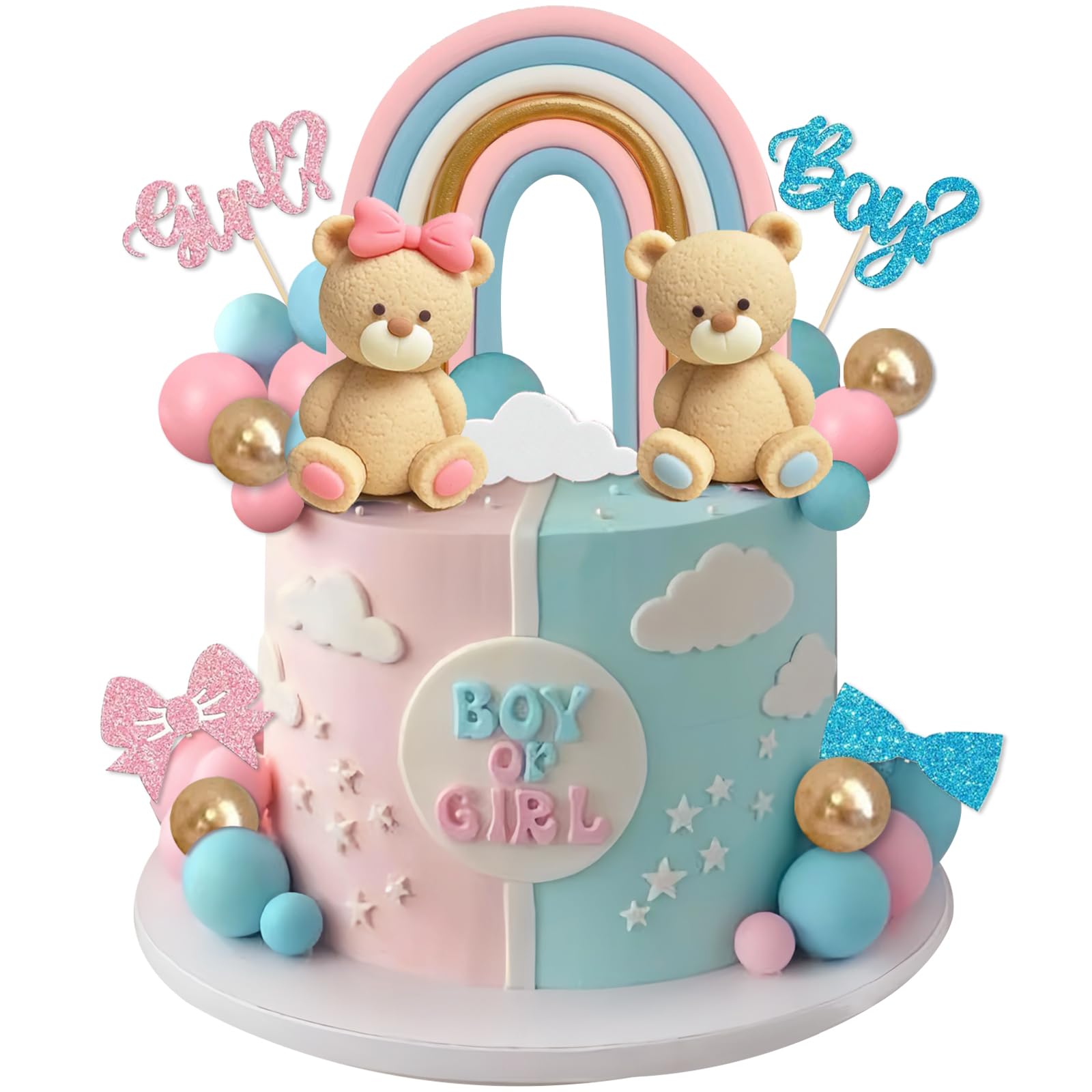 UFROMSKY 38Pcs Bear Cake Topper Gender Reveal Rainbow Cake Decorations with Cute Bears Pearl Balls Rainbow Cloud Cake Pick for Boy Girl Baby Shower Gender Reveal Party Supplies