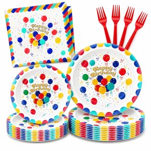 Birthday Party Supplies for 24 Guests – 96-Piece Disposable Party Tableware Set with Plates, Birthday Plates and Napkins, Forks, Colorful Balloons Party Supplies, Heavy Duty for Kids & Adults