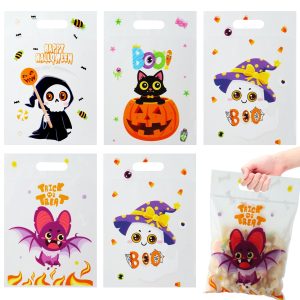 Halloween Cellophane Treat Goodie Bags, 40 PCS Plastic Halloween Candy Cookies Snacks Goody Gift Sealing Bag Pouch Bulk with Handles for Halloweens Kids Trick or Treat Party Favor Supplies Decorations