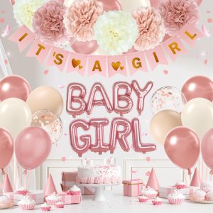 Vicduotex Pink Baby Shower Decorations with Ivory Paper Pom Poms