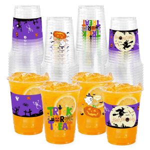 GuassLee 50 Pack Disposable Halloween Cups - Clear 12Oz Disposable Plastic Cups Set with 2 Styles Patterns for Kids Adults Halloween Party Favors Coffee Wine Hot Cold Drinks