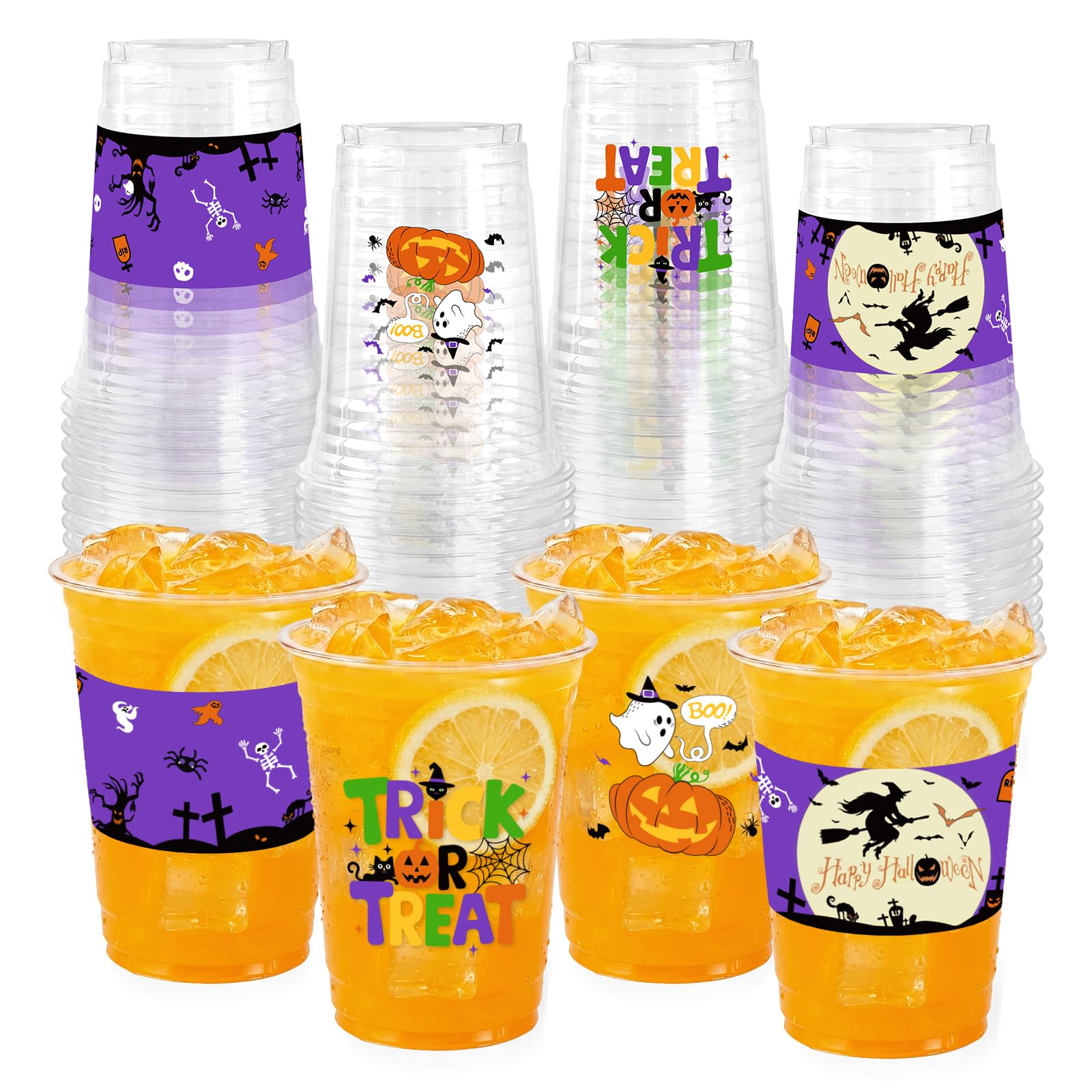 GuassLee 50 Pack Disposable Halloween Cups - Clear 12Oz Disposable Plastic Cups Set with 2 Styles Patterns for Kids Adults Halloween Party Favors Coffee Wine Hot Cold Drinks