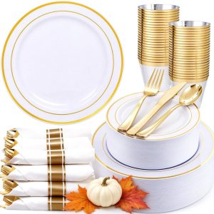 WDF Partyware 350Piece Gold Dinnerware Set for 50 Guests - Gold Plastic Plates with Disposable Cutlery - 50Dinner Plates-50Dessert Plates-50Pre Rolled Napkins with Silverware for Wedding/Thanksgiving