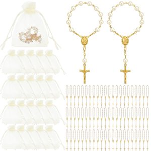 60 Set Mini Rosary Baptism Favors Bulk Rosary with Organza Bags