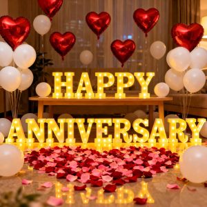 Peledic Happy Anniversary Decorations, Light up Letters Sign, with Rose Petals, Round Pearlescent Balloon, Aluminum Balloons, Light LED Neon, Table Decor for Valentine's Day Wedding Romantic Party