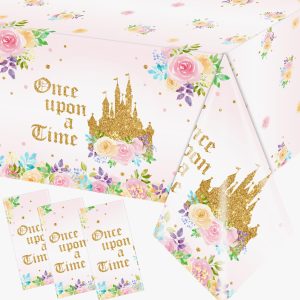 Dydamud 3PCS Princess Birthday Party Tablecloths Decorations, Once Upon a Time Birthday Decorations Plastic Princess Castle Party Floral Table Cover for Girls Baby Shower