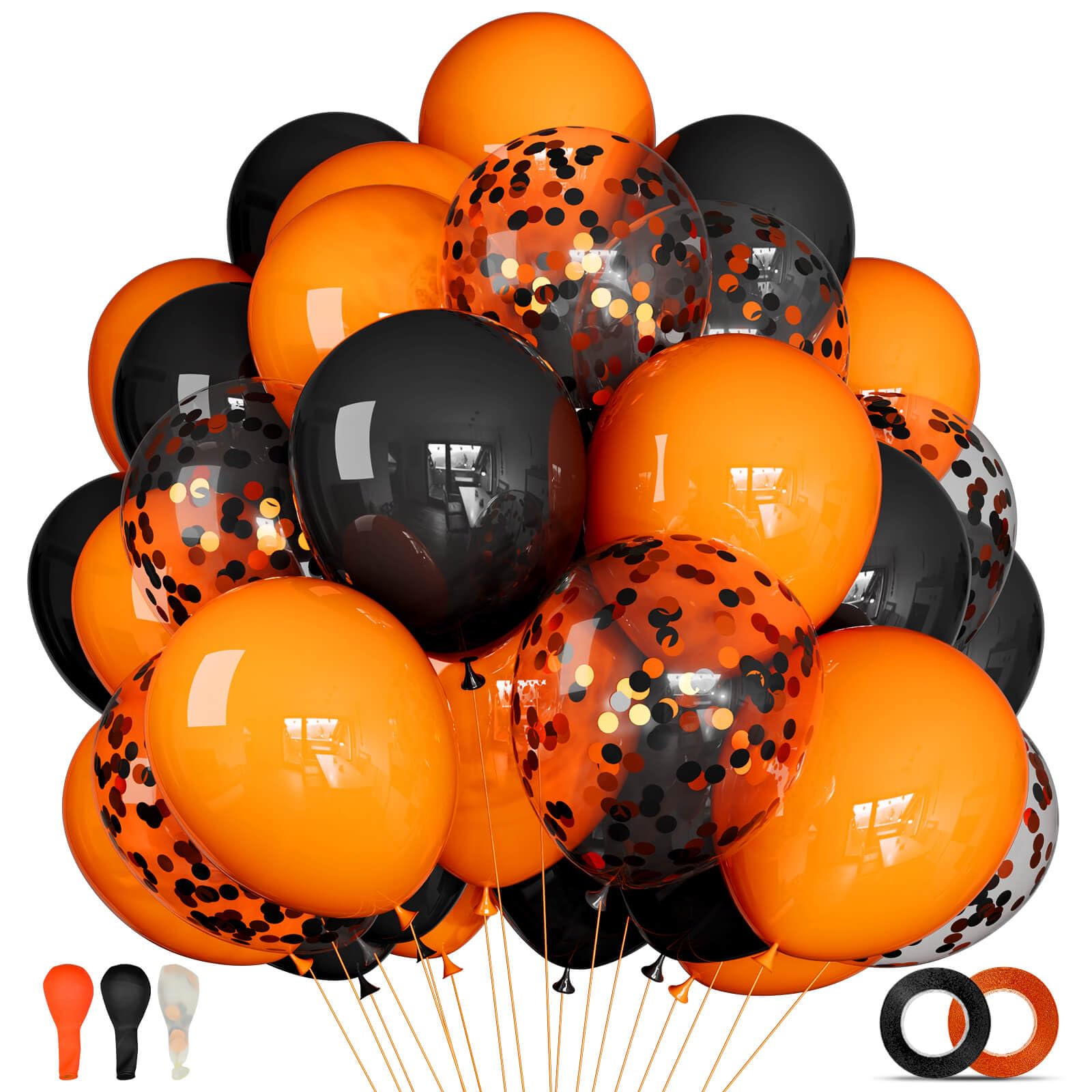 KUULBELA 68Pcs Black and Orange Balloons, 12 inch Orange Black Latex Balloon Set with Confetti Ribbons Reusable, Fade-Resistant for Halloween, Graduation Spooky Party Decorations.